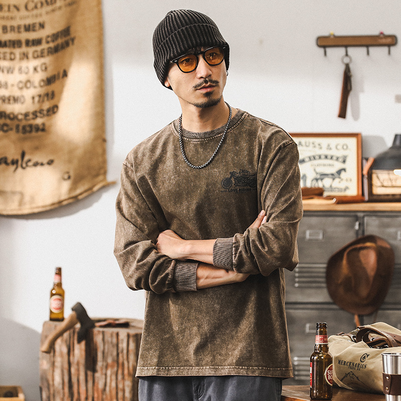 美式復古長袖T恤男秋季重磅設計感印花體恤男士潮牌寬鬆做舊上衣t