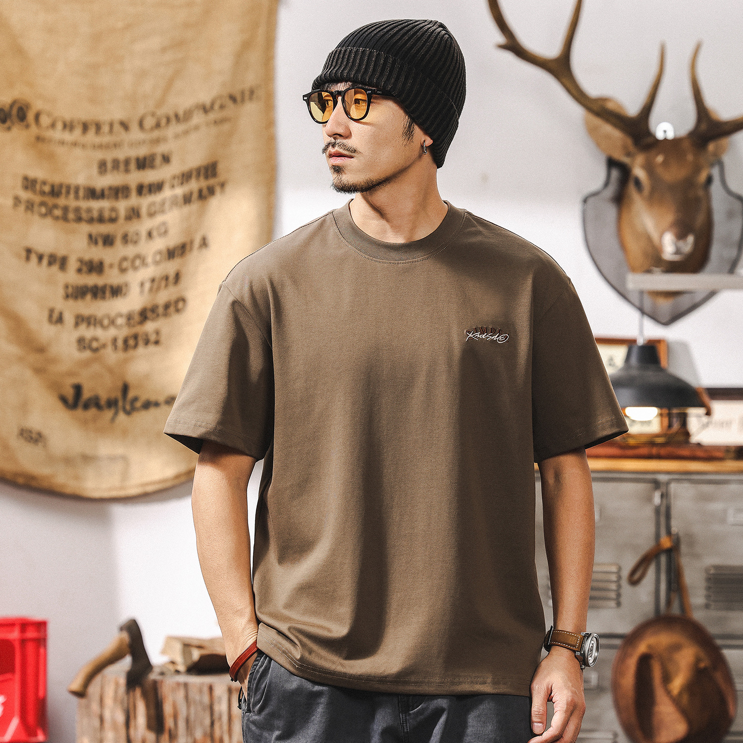 【7A抗菌防蟎涼感】T恤男短袖夏季美式復古潮流絨面印花休閒上衣T