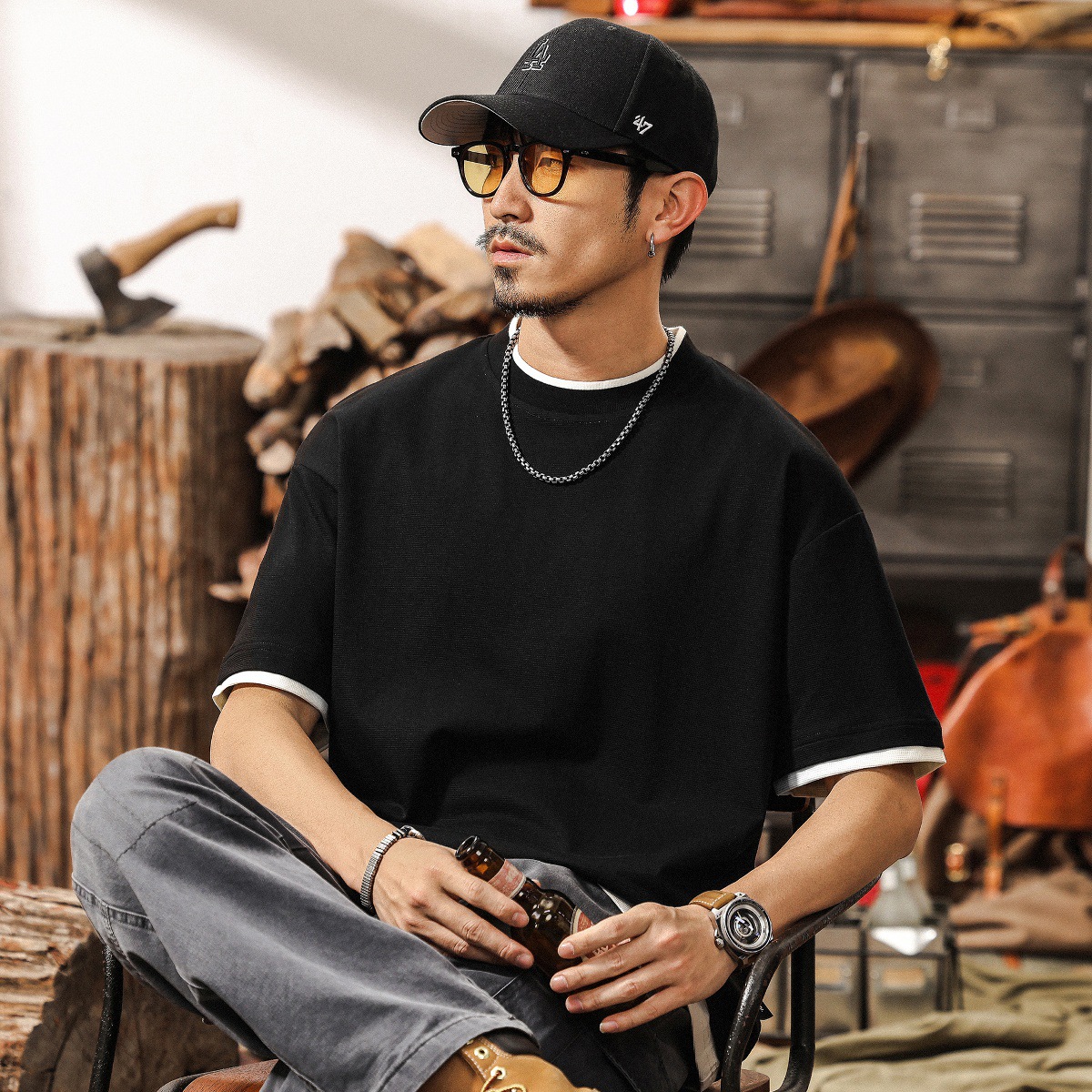 32支華夫格肌理感短袖男款夏季索羅娜涼感T恤男寬鬆假兩件上衣男