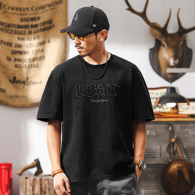 美式復古酒紅色刺繡重磅T恤男短袖夏季潮流2025新款寬鬆休閒上衣T