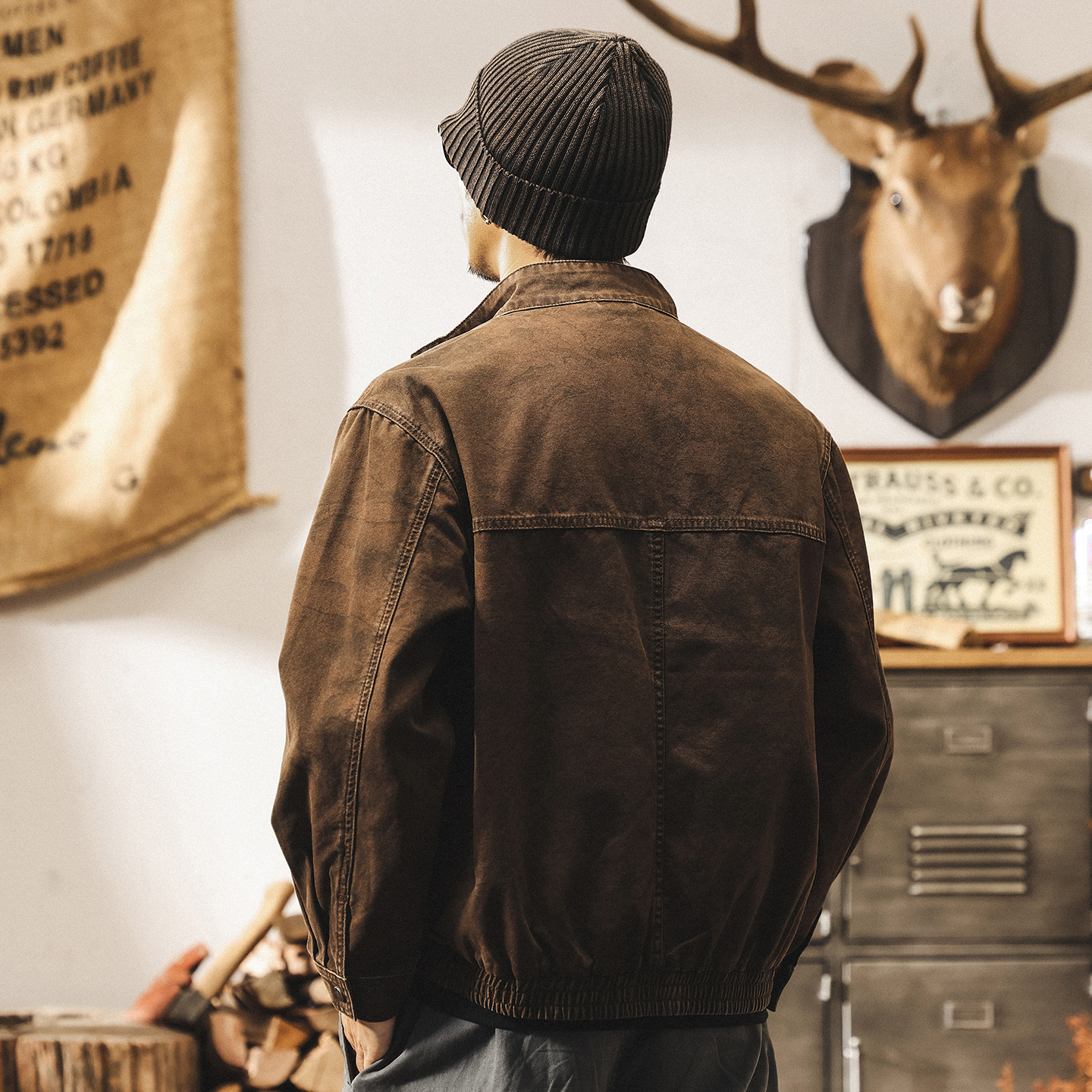 美拉德復古工裝外套男秋春新款飛片結構髒染做舊寬鬆美式機車夾克