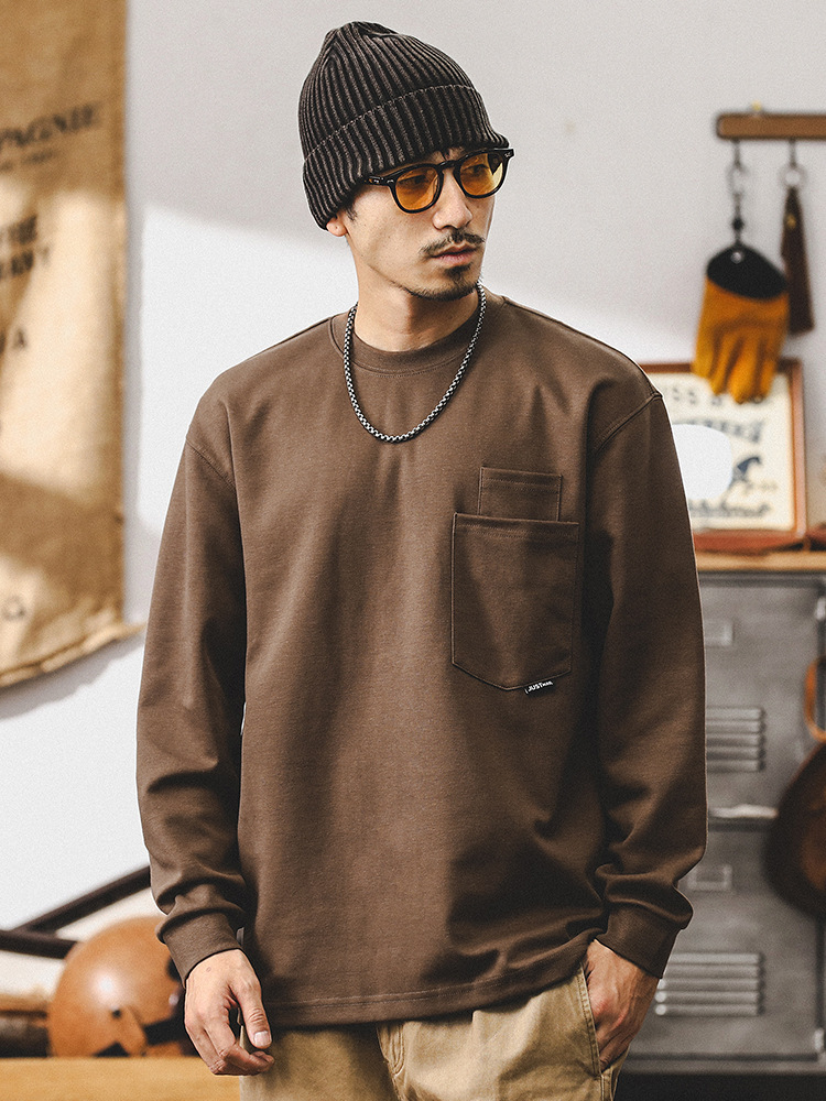 美式重磅長袖T恤男秋季潮牌雙口袋設計體恤男款百搭寬松白色上衣T