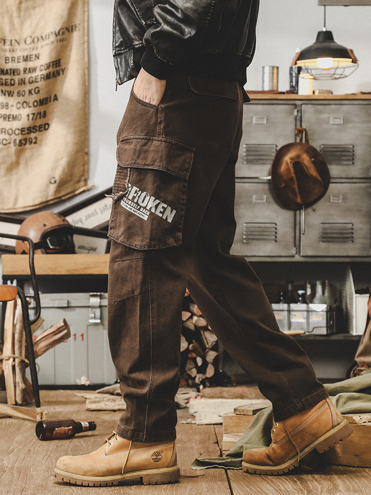 傑雷諾美式複古工裝褲男秋季潮牌多口袋寬松大碼刺繡褲子男款