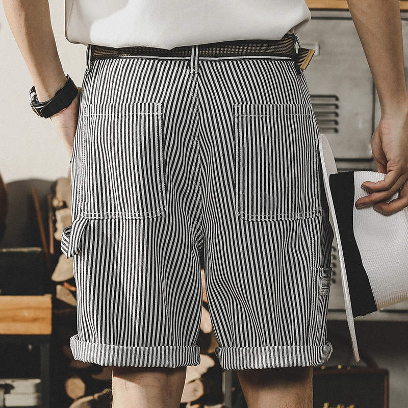 杰雷諾黑白條紋工裝短褲男夏季2024新款潮牌寬鬆直筒牛仔五分褲男