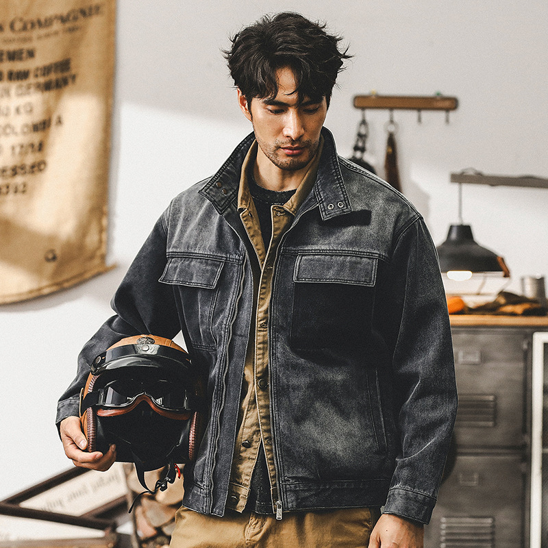 美式重磅複古牛仔外套男秋季2024新款潮牌水洗帥氣機車工裝夾克男