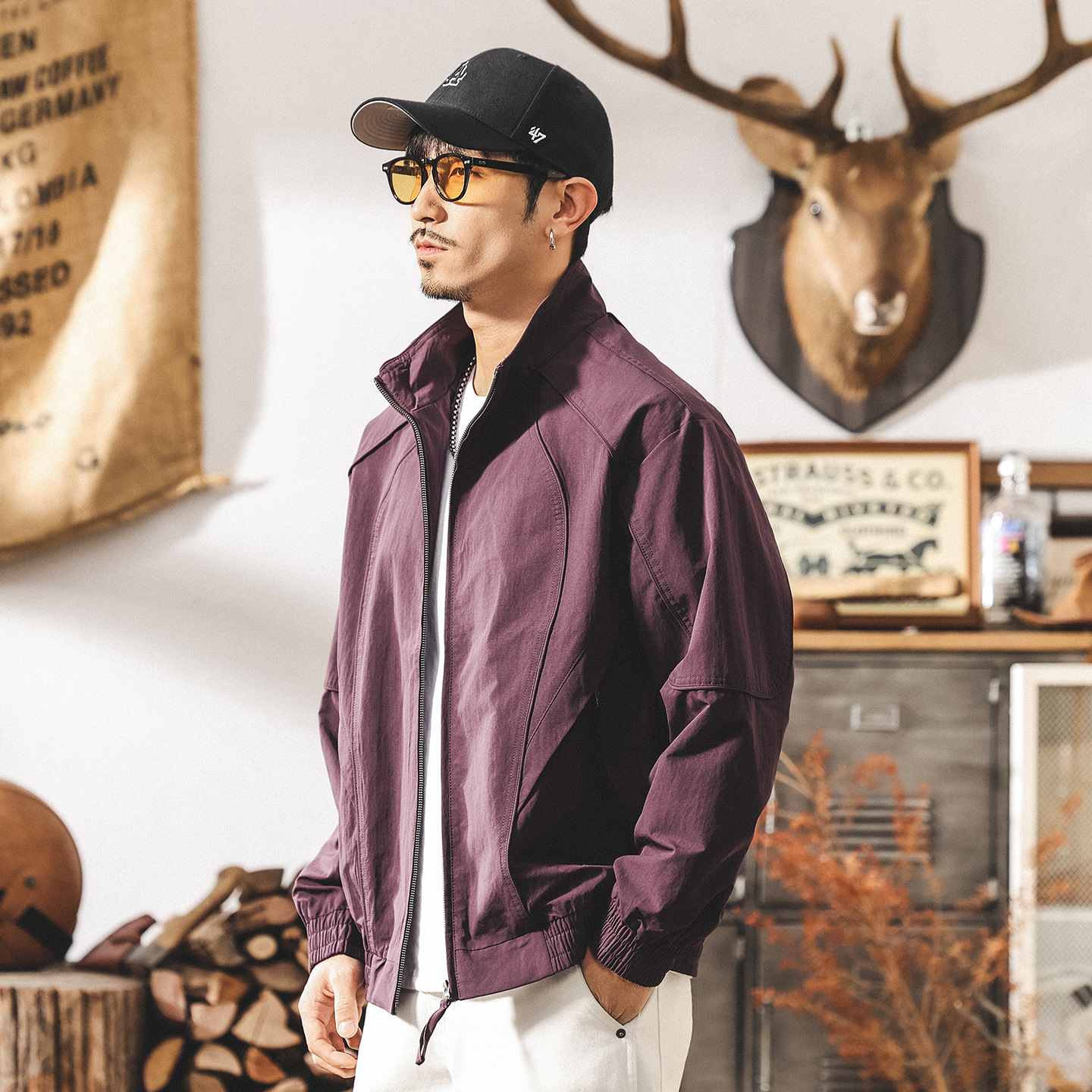 美式復古紫色外套男春秋2025新款潮牌城市通勤立領寬鬆教練夾克男