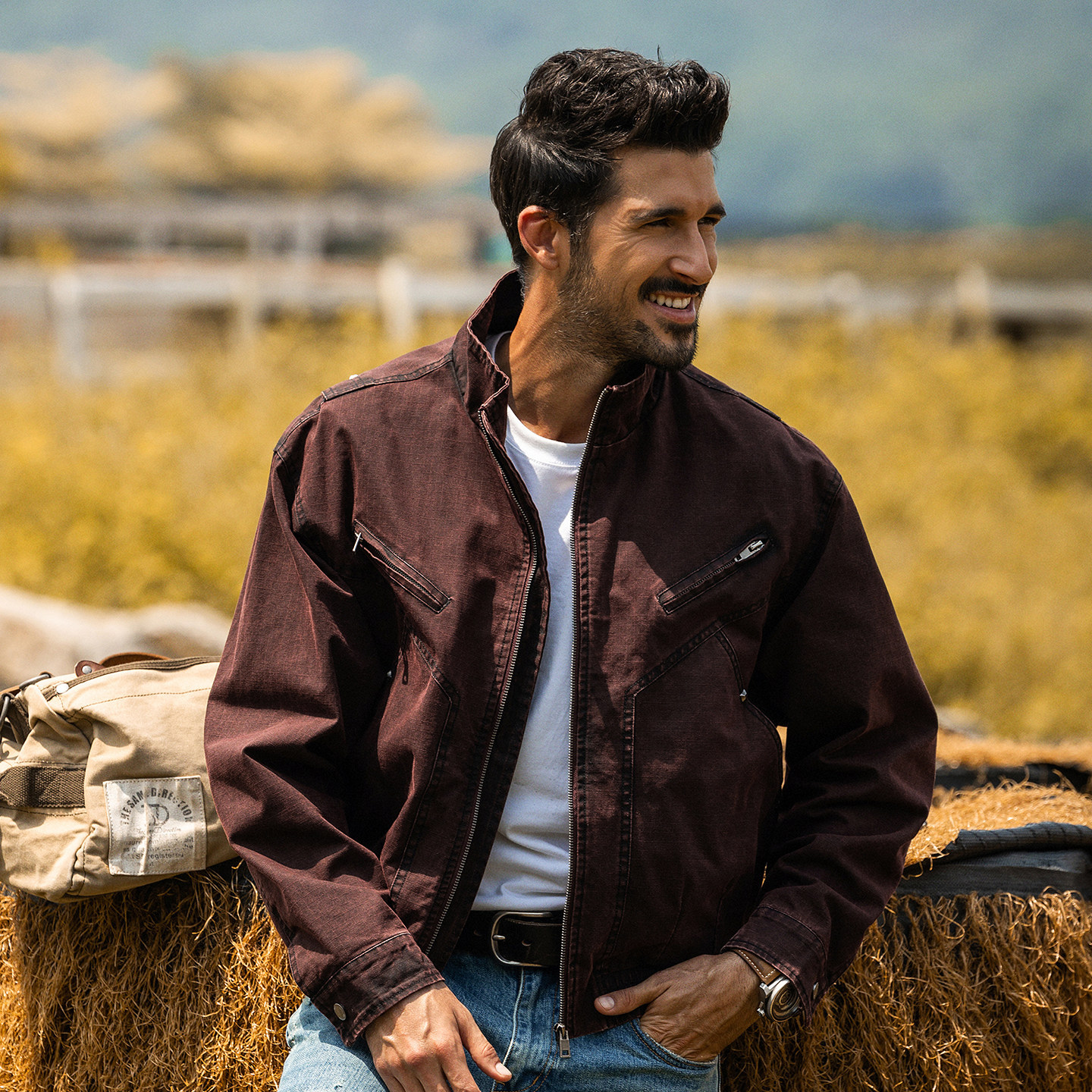 美式復古工裝夾克男春季新款寬鬆水洗勃艮第紅老錢風短款男士外套