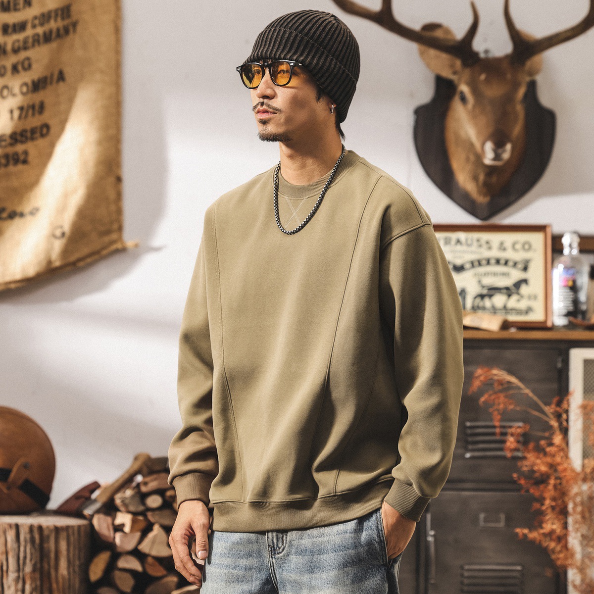 美式復古380g重磅圓領衛衣男春秋新款簡約拼接寬鬆休閒早秋上衣男