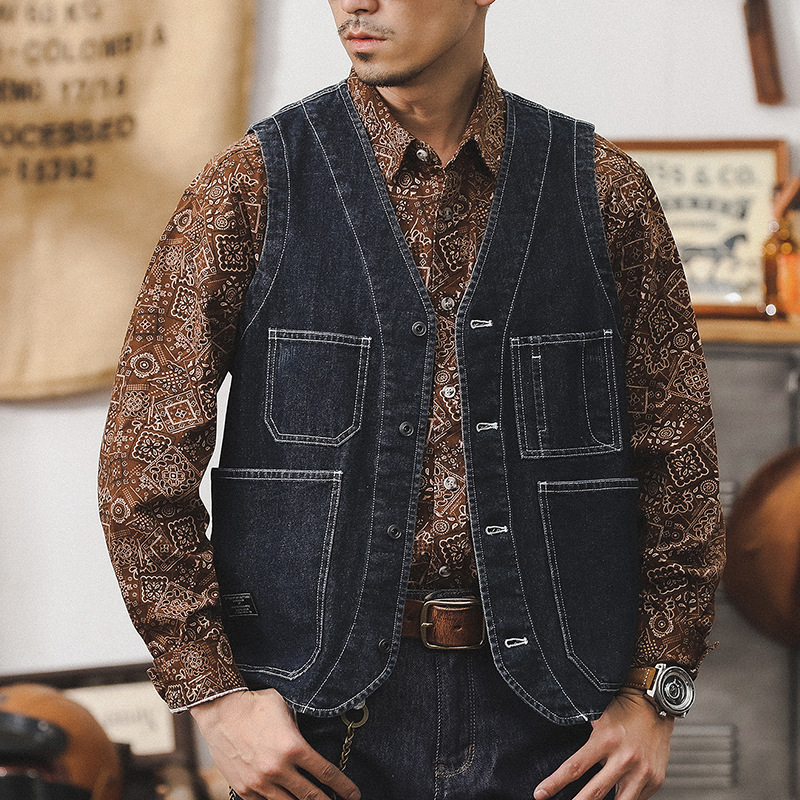 美式復古水洗牛仔馬甲外套男2024新款阿美咔嘰背心男重磅工裝夾克