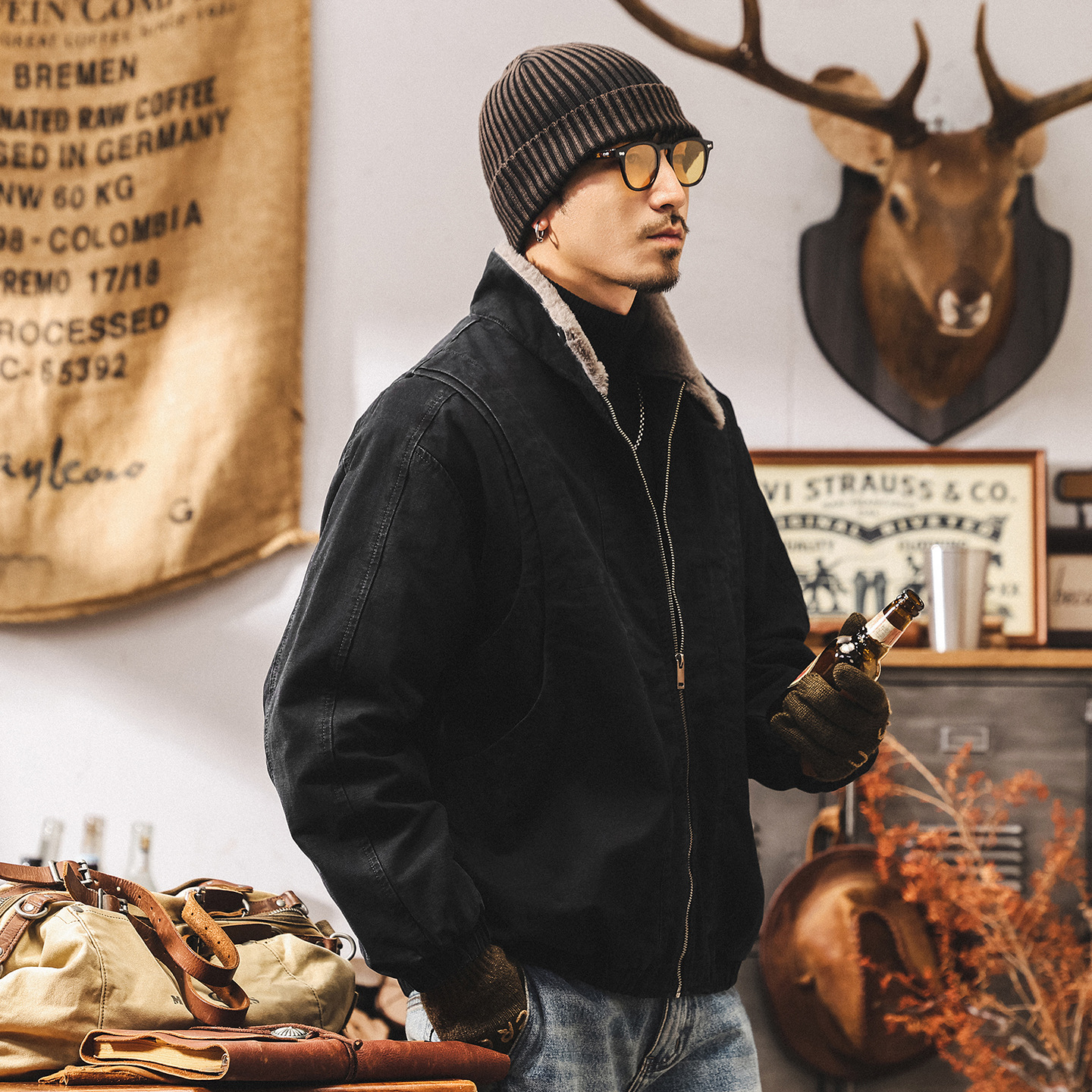 美式復古重磅做舊工裝棉服男加厚冬季保暖座山雕毛領棉襖加絨外套