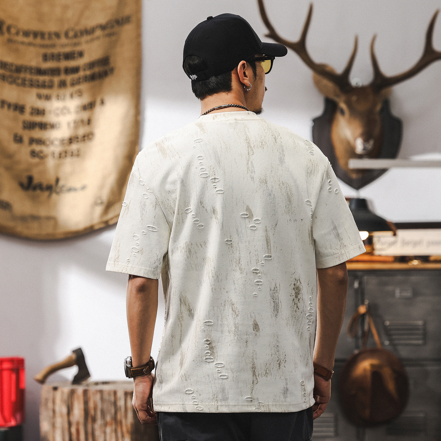 輕奢雲染水洗美式高街短袖T恤男夏季潮流設計感提花男士半袖上衣T