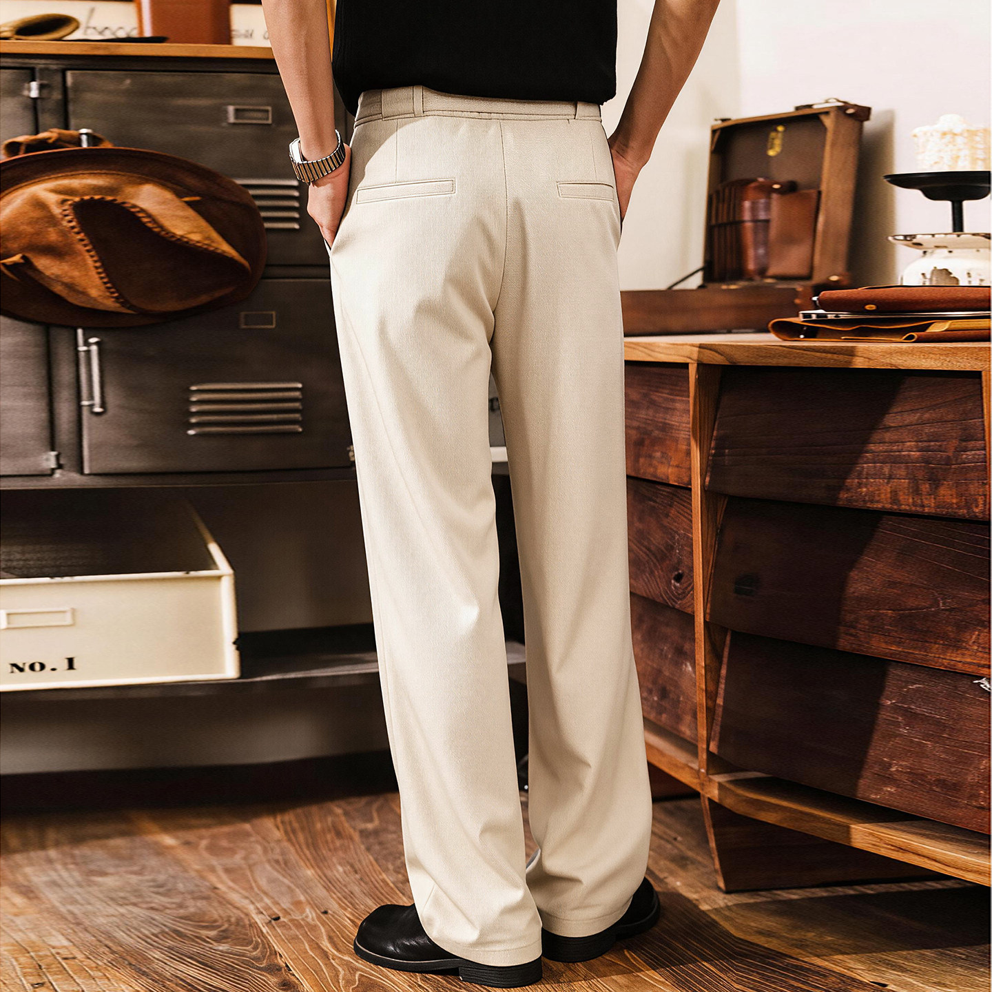 美式復古帶腰帶簡約西褲男春季潮牌通勤男士褲子寬鬆直筒休閒長褲