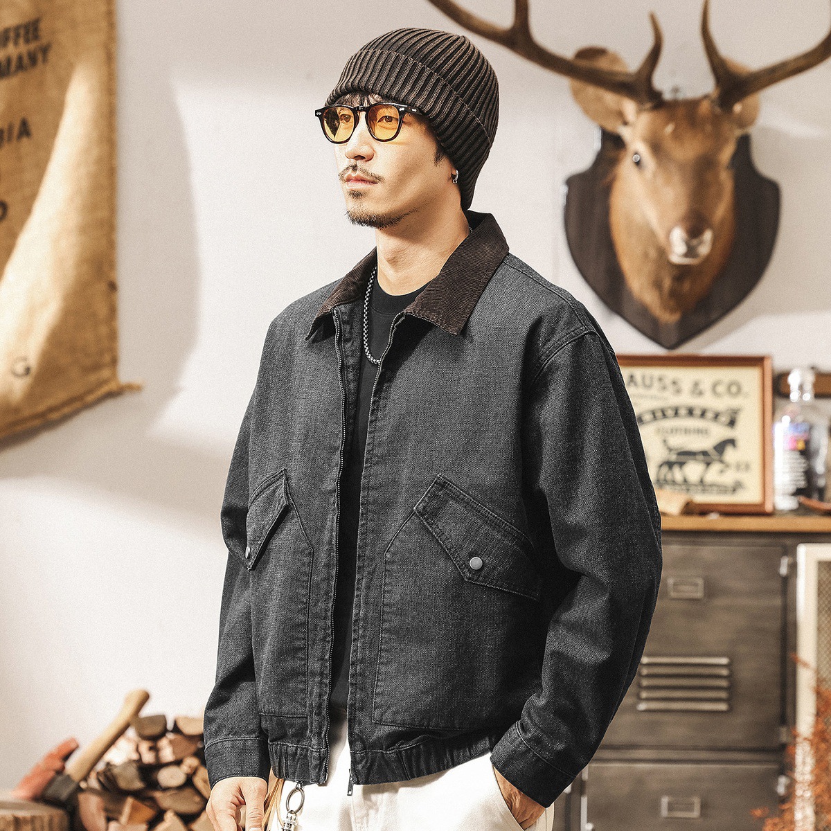 美式復古底特律夾克男春季新款潮牌帥氣提花亞麻珠帆布工裝外套男