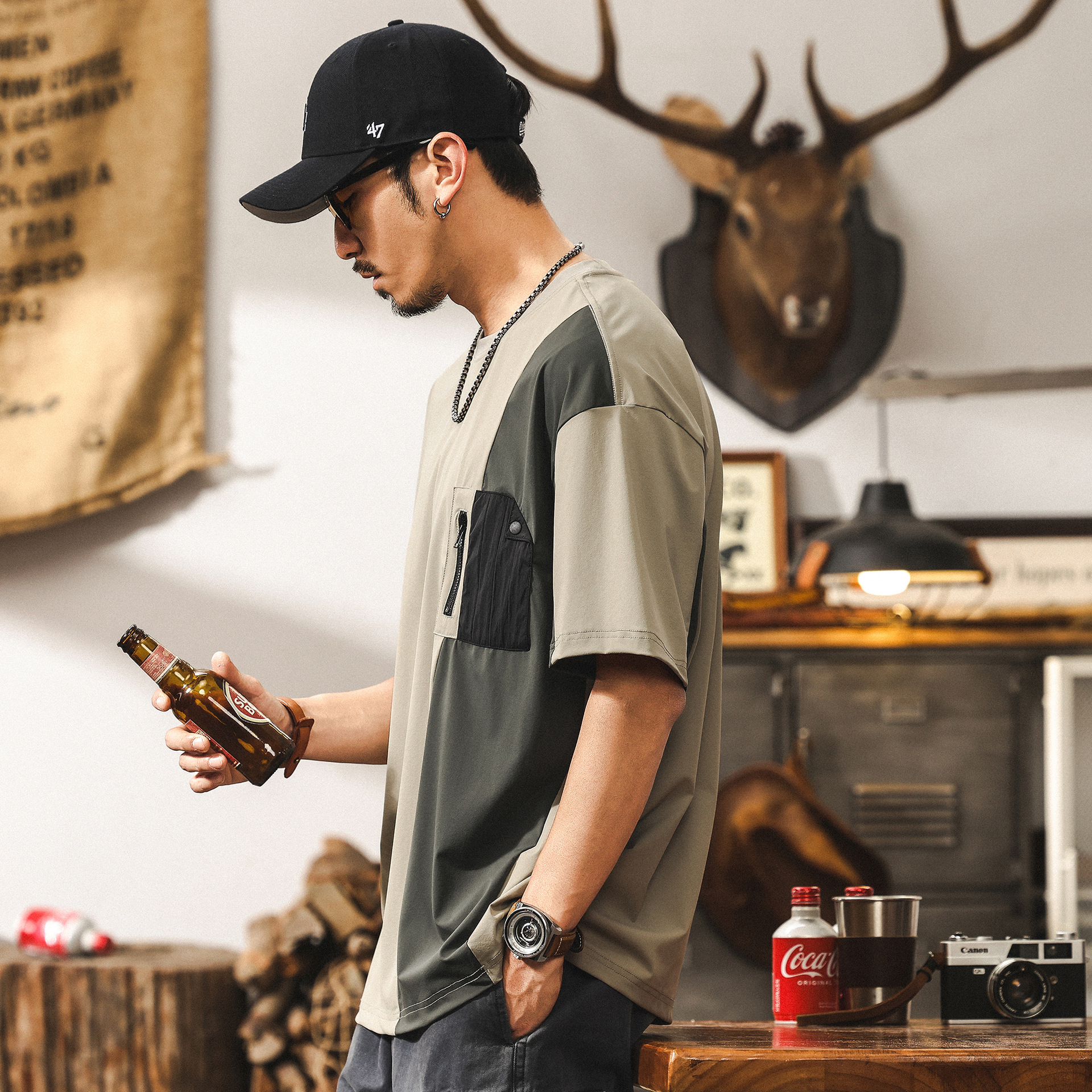 【涼感科技】冰絲薄款免燙速幹短袖T恤男夏季潮牌撞色寬鬆上衣男