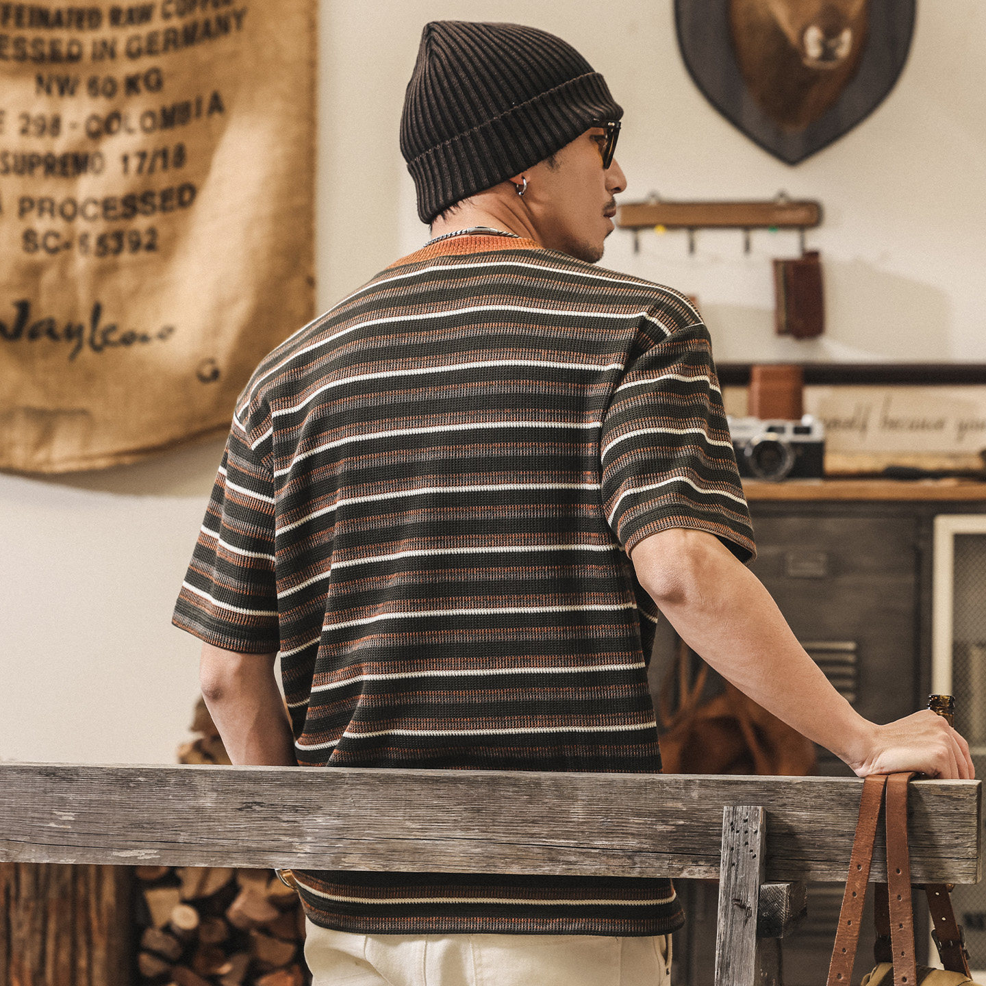 美式復古老錢風針織條紋T恤男夏季短袖2026新款潮流寬鬆休閒上衣