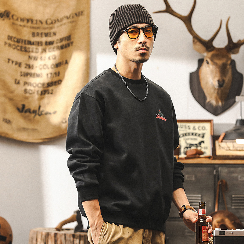 美式復古350g重磅黑色衛衣男秋冬新款潮牌山系印花體恤寬鬆上衣男