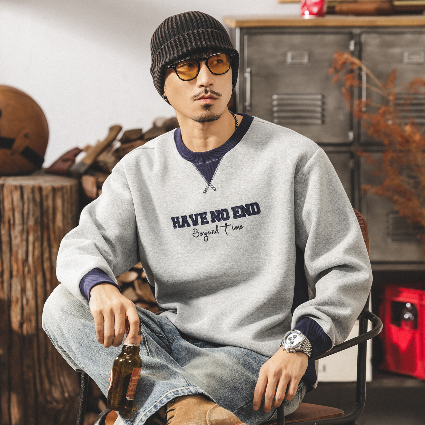 美式390g重磅復古衛衣男款寬鬆大碼潮牌拼接撞色休閒秋季上衣男潮