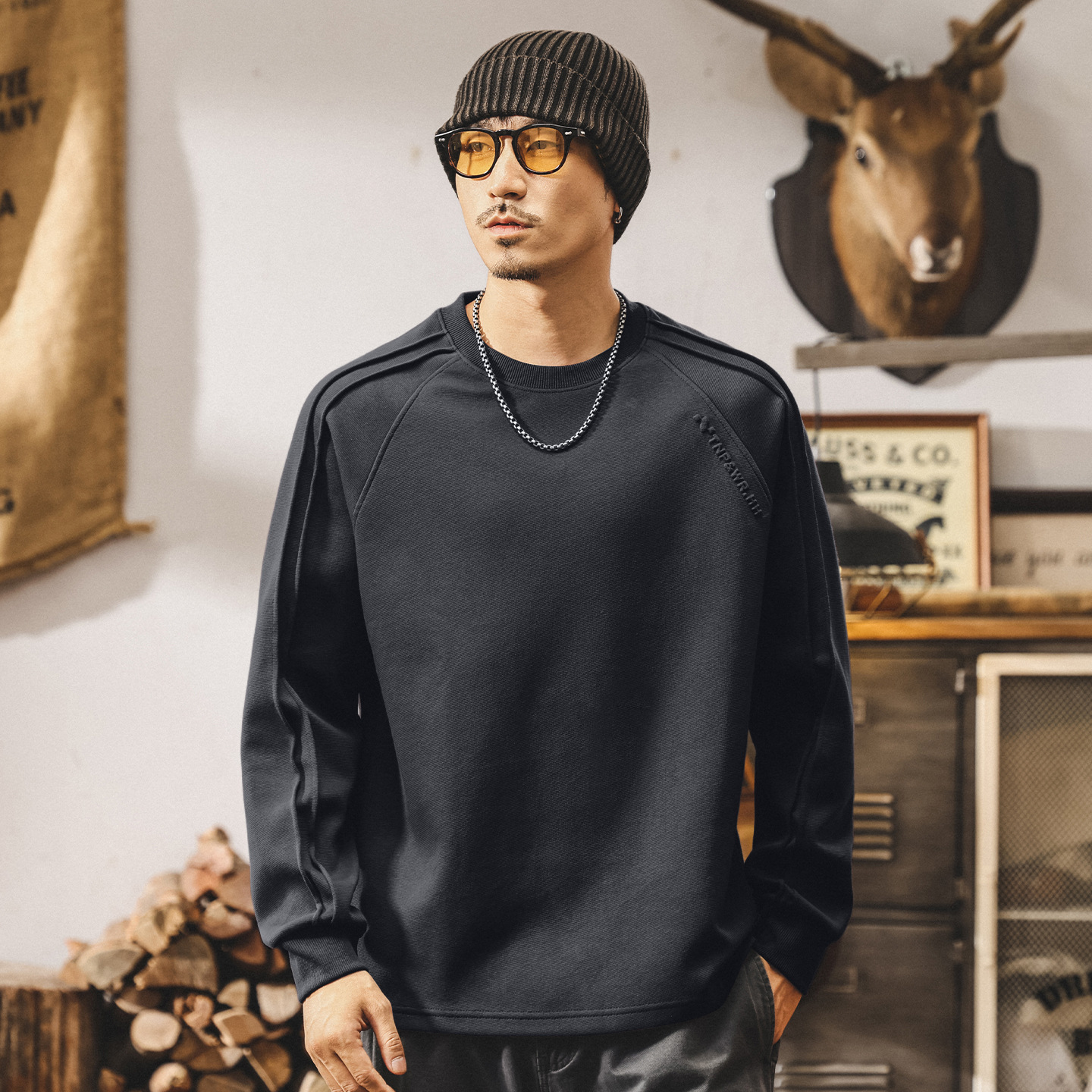 美式復古300g重磅t恤男長袖秋季2025新款圓領衛衣男春秋寬鬆上衣T