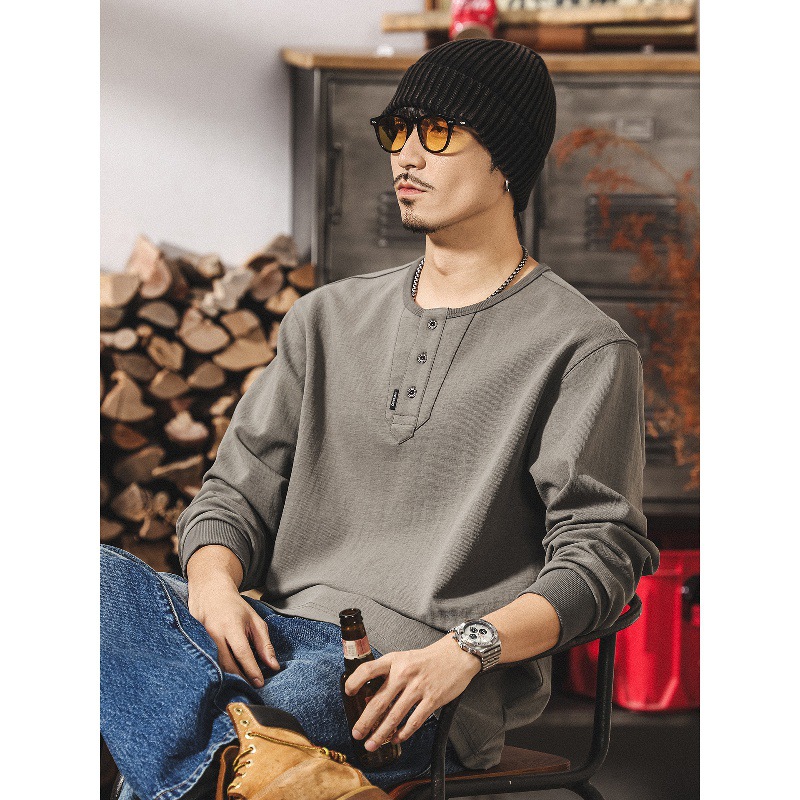 美式復古重磅T恤男長袖春秋款寬鬆圓領衛衣潮牌硬漢亨利領polo衫