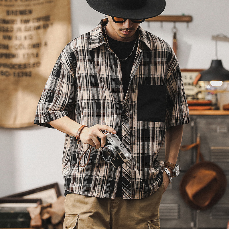 美式復古格子襯衫男高級感2024新款寬鬆潮牌短袖男夏季沙灘襯衣男