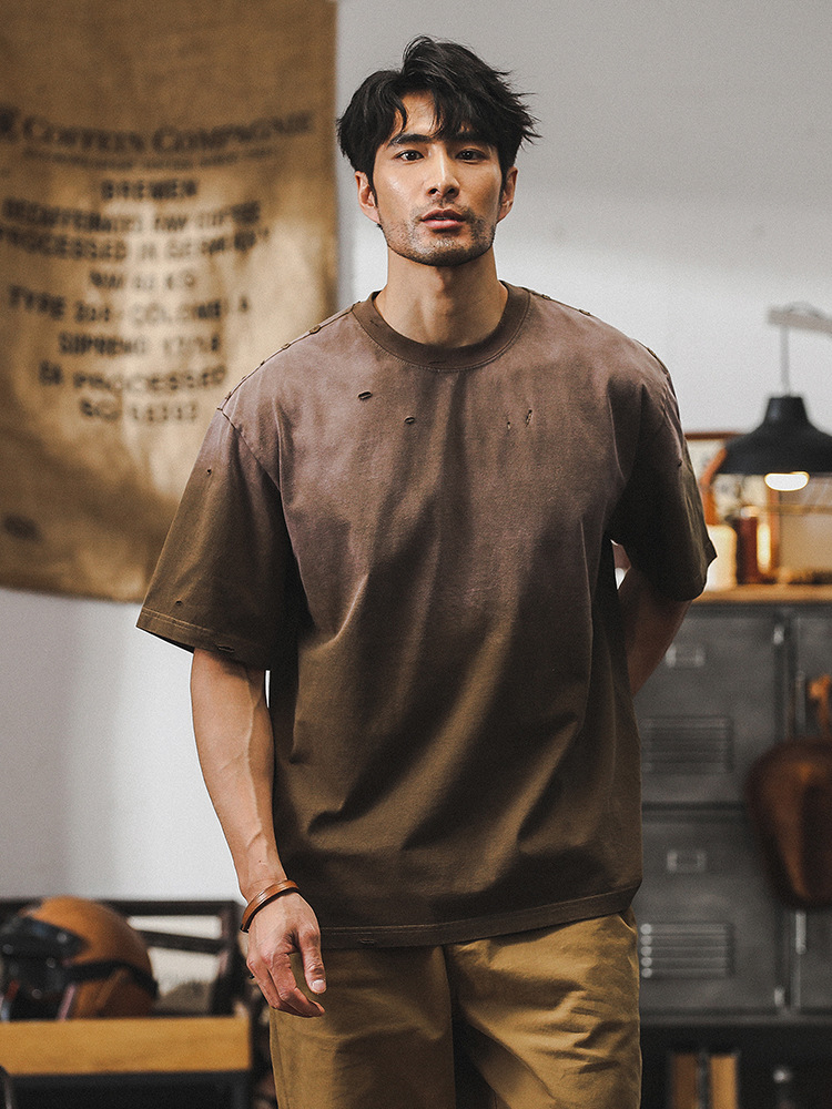 美式復古重磅T恤男夏季寬鬆潮牌高街個性漸變破洞水洗體恤男破洞T