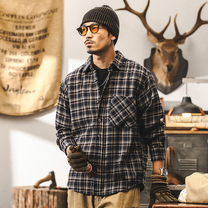 美式復古425g重磅磨毛色織格子襯衫男秋冬款潮牌寬鬆休閒襯衣男款