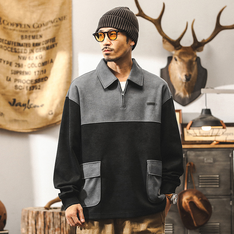 美式復古重磅衛衣男秋季潮牌撞色拼接上衣寬鬆大碼POLO衫男秋冬款