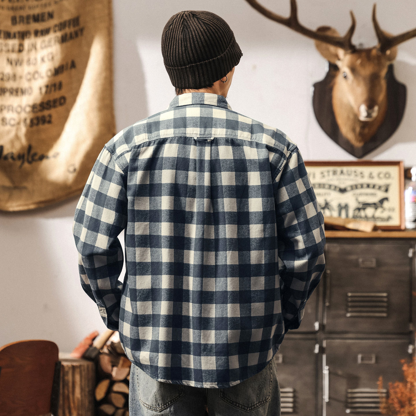 萊賽爾天絲靛藍洗褪格子襯衫男秋季美式潮牌新款寬鬆長袖襯衣外套