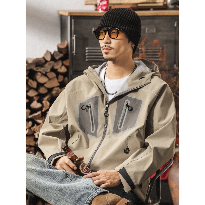 美式復古山系戶外壓膠防水衝鋒衣外套男春秋新款徒步登山工裝夾克