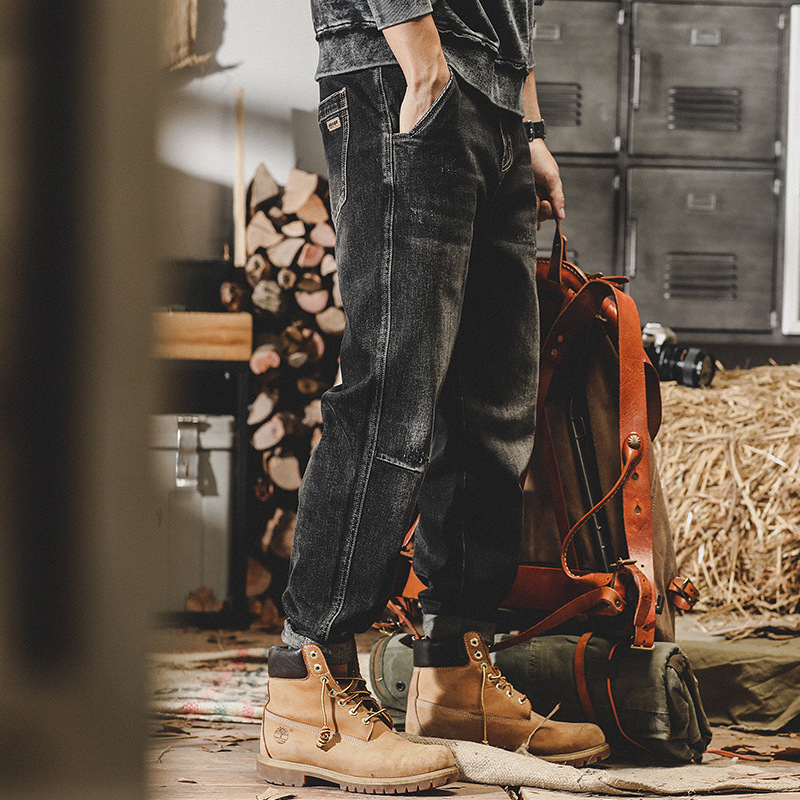 美式重磅賽洛紡8支彈力黑色牛仔褲男秋季2024年新款寬鬆休閒褲男