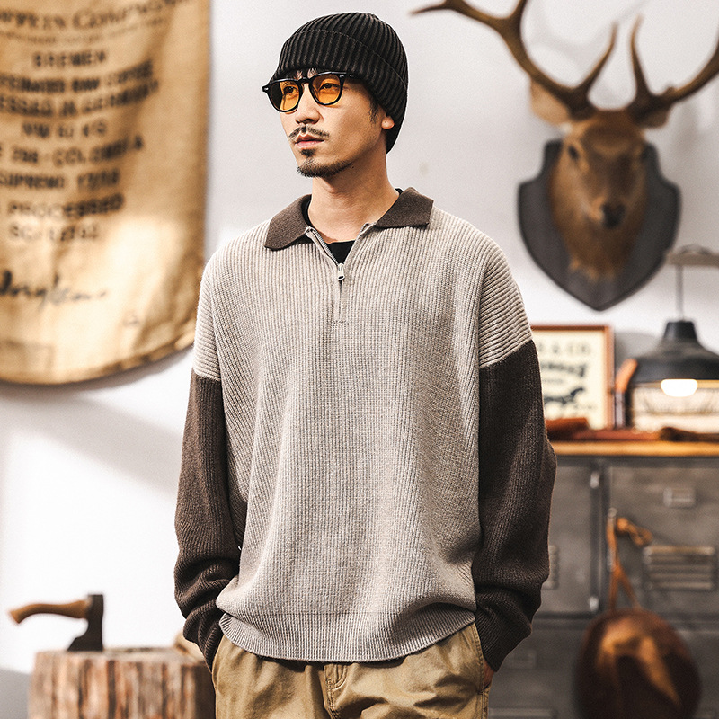 美式700g重磅復古毛衣男秋冬款潮牌寬鬆假兩件polo領針織衫外套男