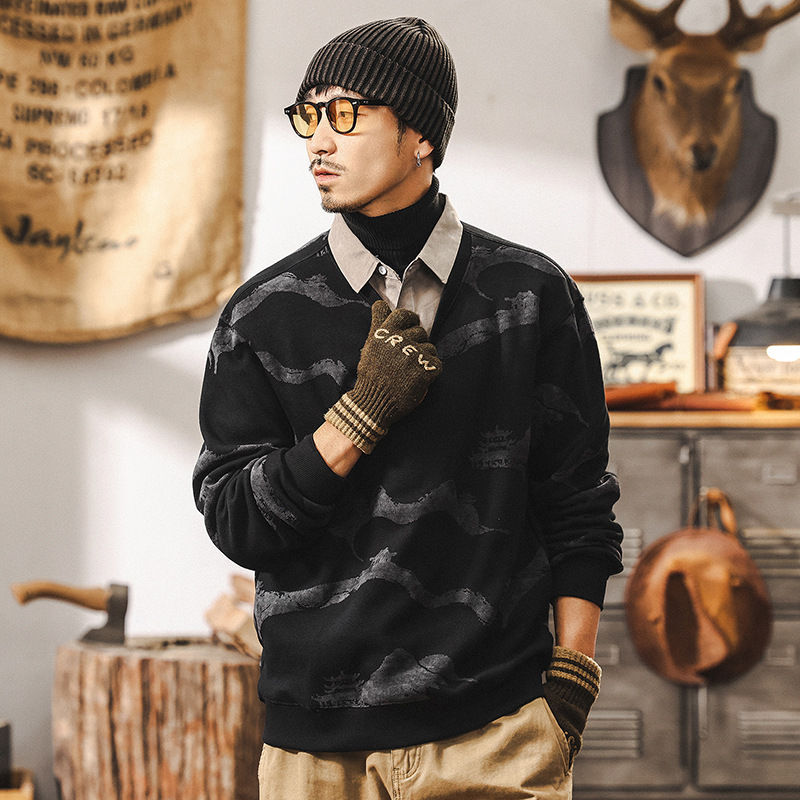 美式重磅復古假兩件衛衣男長袖春秋2025新款提花仿毛織襯衫領男裝