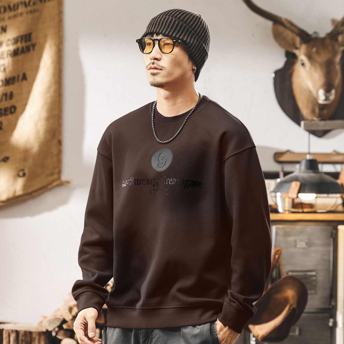 安可拉紅美式重磅衛衣男春秋2025新款潮牌髒染水洗寬鬆休閒上衣男