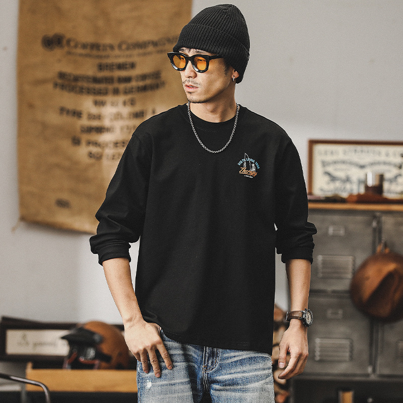 美式戶外釣魚印花重磅T恤男長袖2024新款男裝潮牌寬鬆上衣男