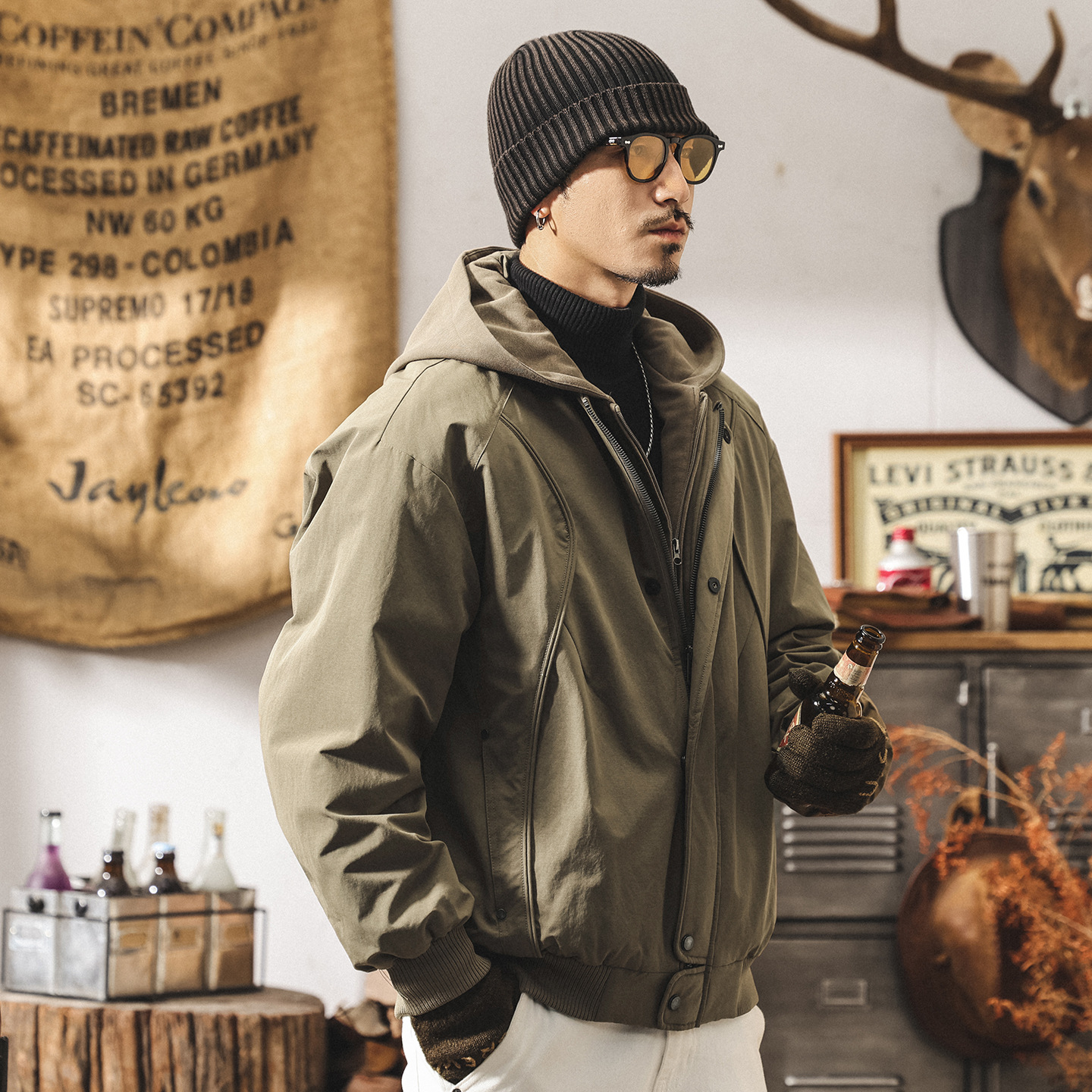 美式復古假兩件連帽冬季工裝羽絨服男寬鬆加厚90鴨絨禦寒保暖外套