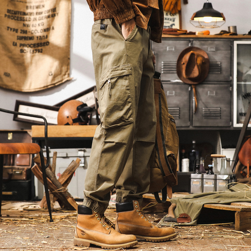 美式潮牌卡其色工裝褲子男秋季多口袋機能束腳褲戶外通勤休閒男褲