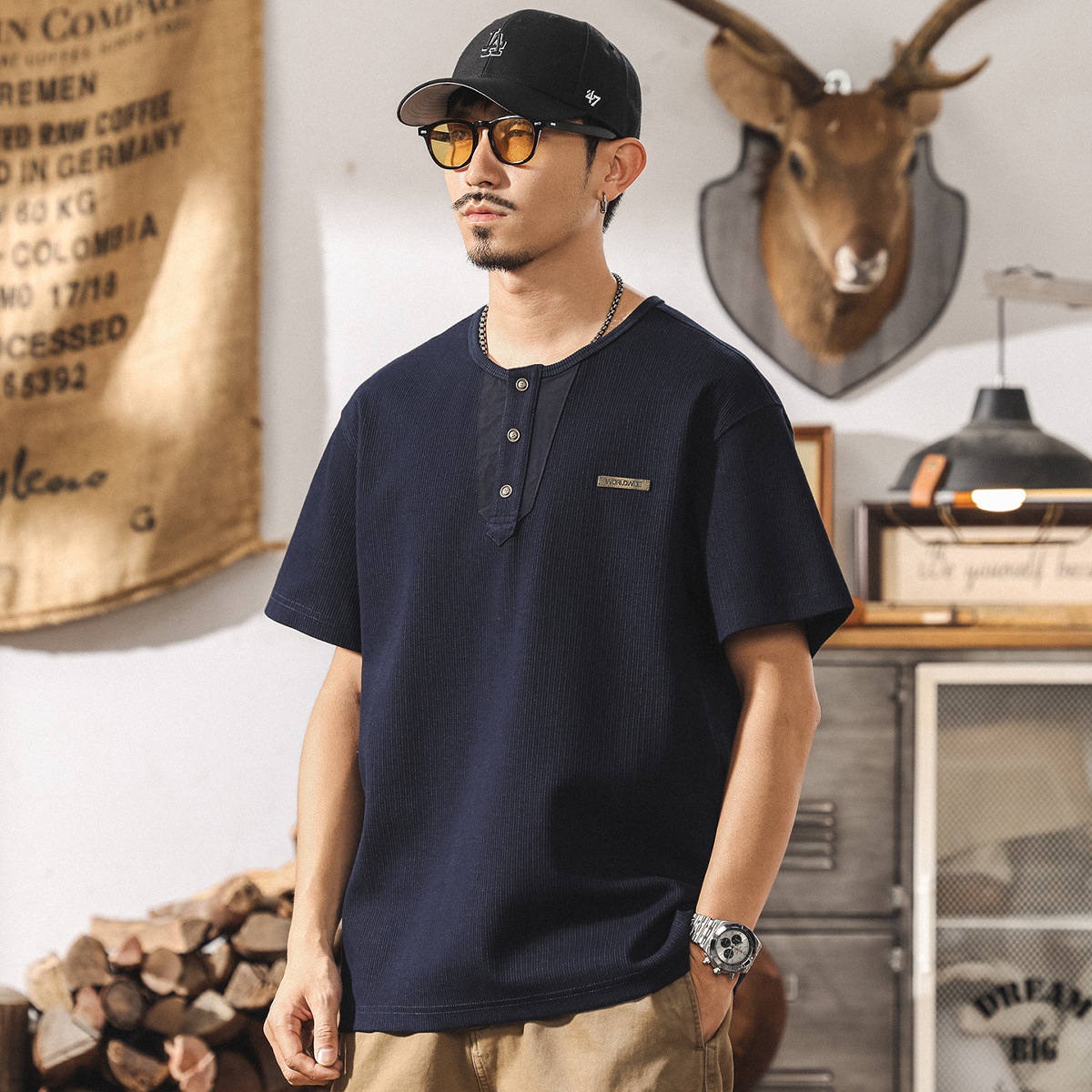 美式重磅POLO衫男士夏季新款短袖T恤復古亨利領寬鬆休閒男裝上衣T