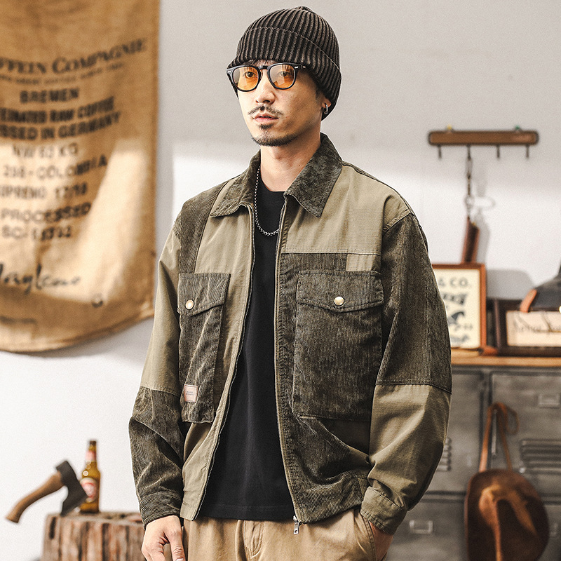 美式重磅復古燈芯絨工裝外套男秋冬款潮流拼接寬鬆休閒夾克男秋季