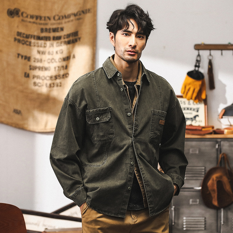 美式復古卡其色工裝襯衫男長袖秋季寬鬆水洗硬漢獵裝夾克男款外套