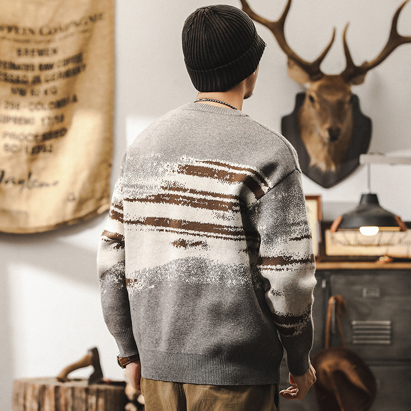 美式7針640g重磅復古毛衣男冬季圓領慵懶風針織衫男加厚線衫外套