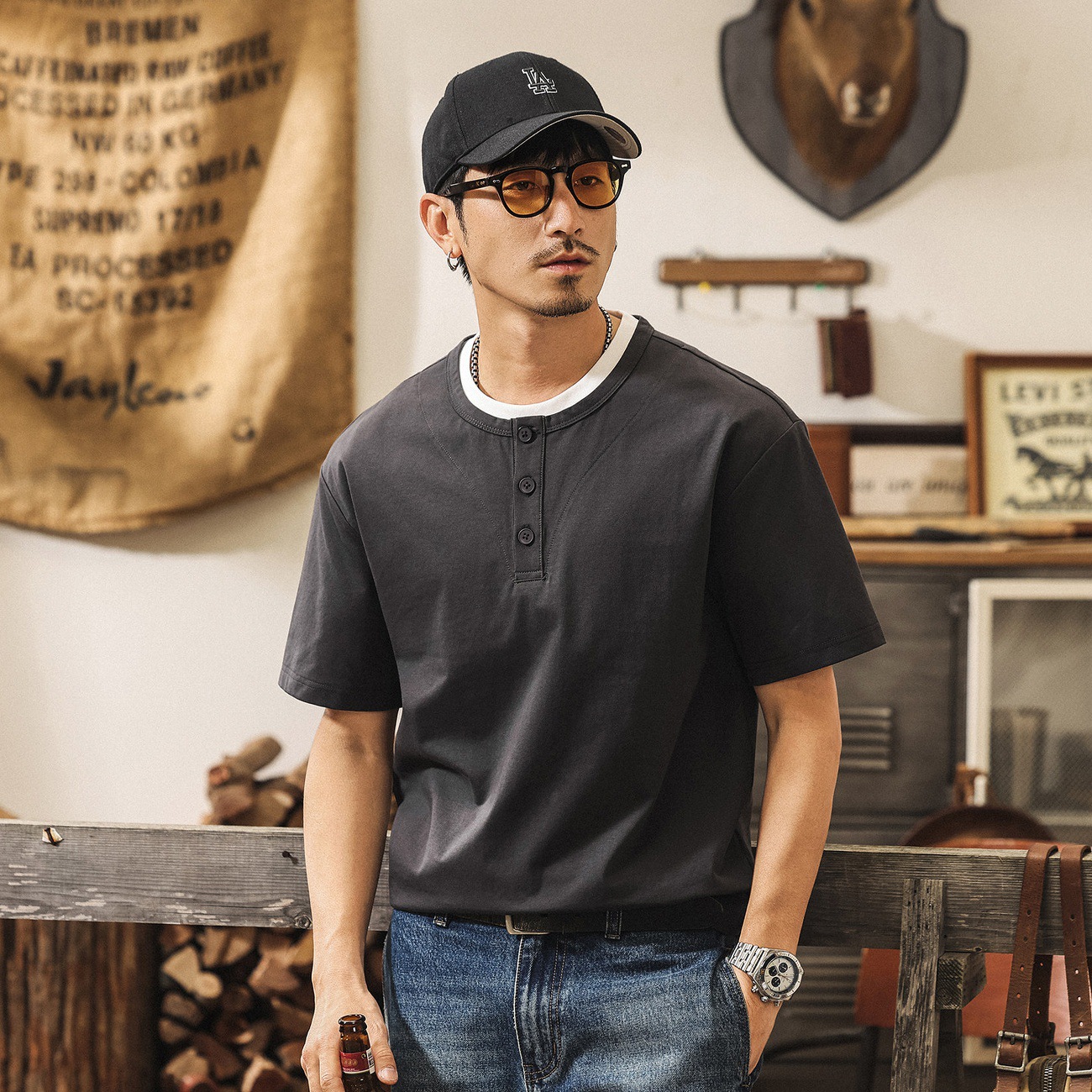 美式復古假兩件涼感T恤男士短袖夏季寬鬆紫色潮流亨利領Polo衫男