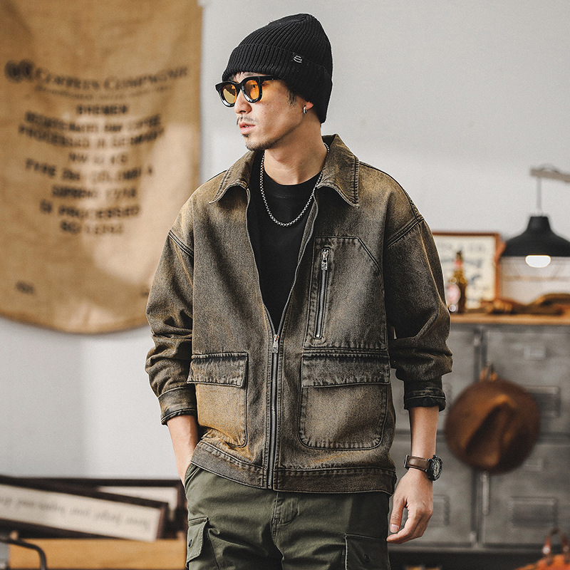 未來賽博朋克廢土風牛仔外套男春秋潮牌痞帥鐵鏽水洗機能工裝夾克
