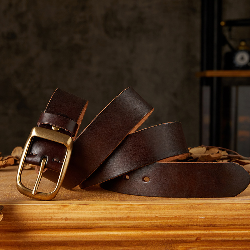 手工皮帶男士真皮針扣頭層牛皮休閒牛仔褲帶男款銅扣復古個性腰帶