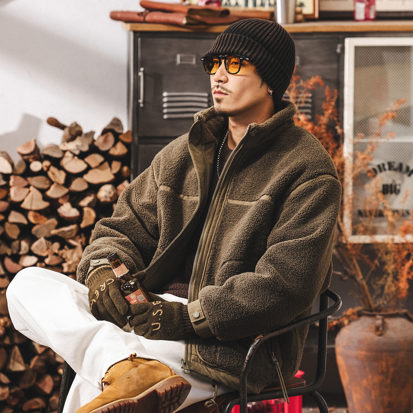 美式復古重磅顆粒絨工裝棉衣外套男冬季新款加厚保暖棉襖男士棉服