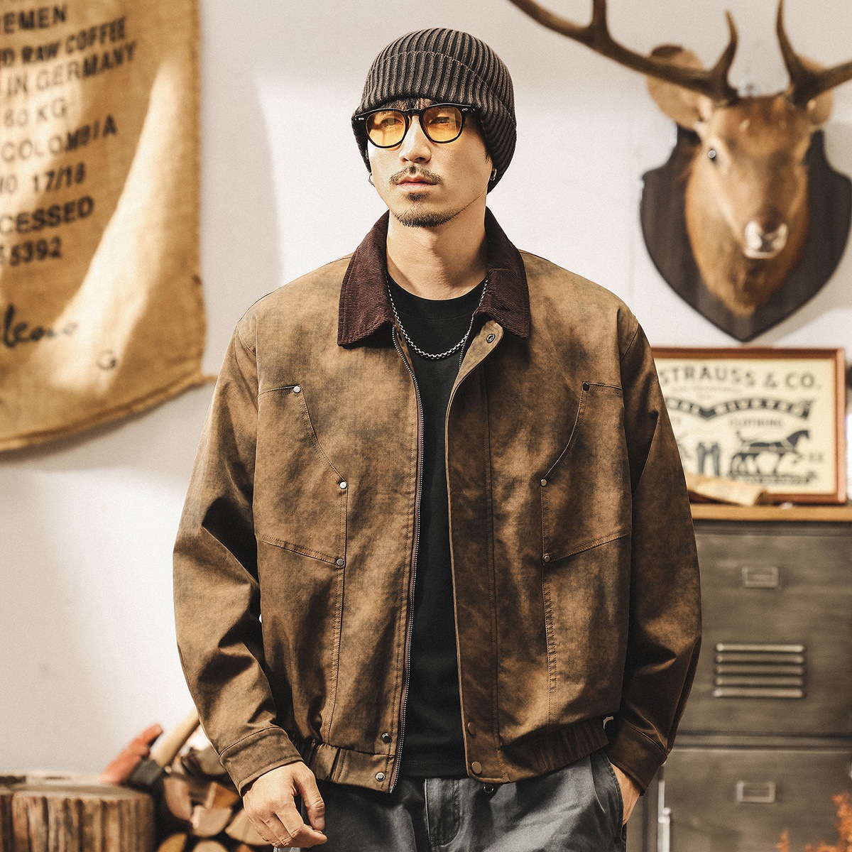 美式復古髒染男士外套春秋2025新款美拉德寬鬆潮流工裝夾克男秋季