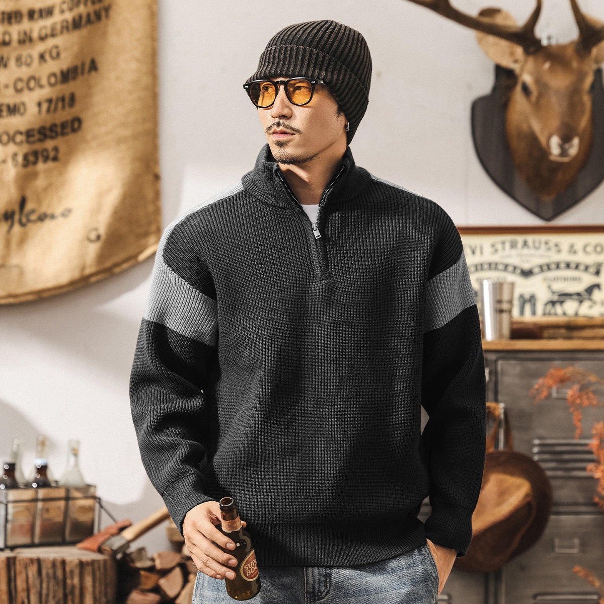 美式復古半高領拉鍊加厚毛衣男冬季保暖潮牌撞色寬鬆針織衫外套男