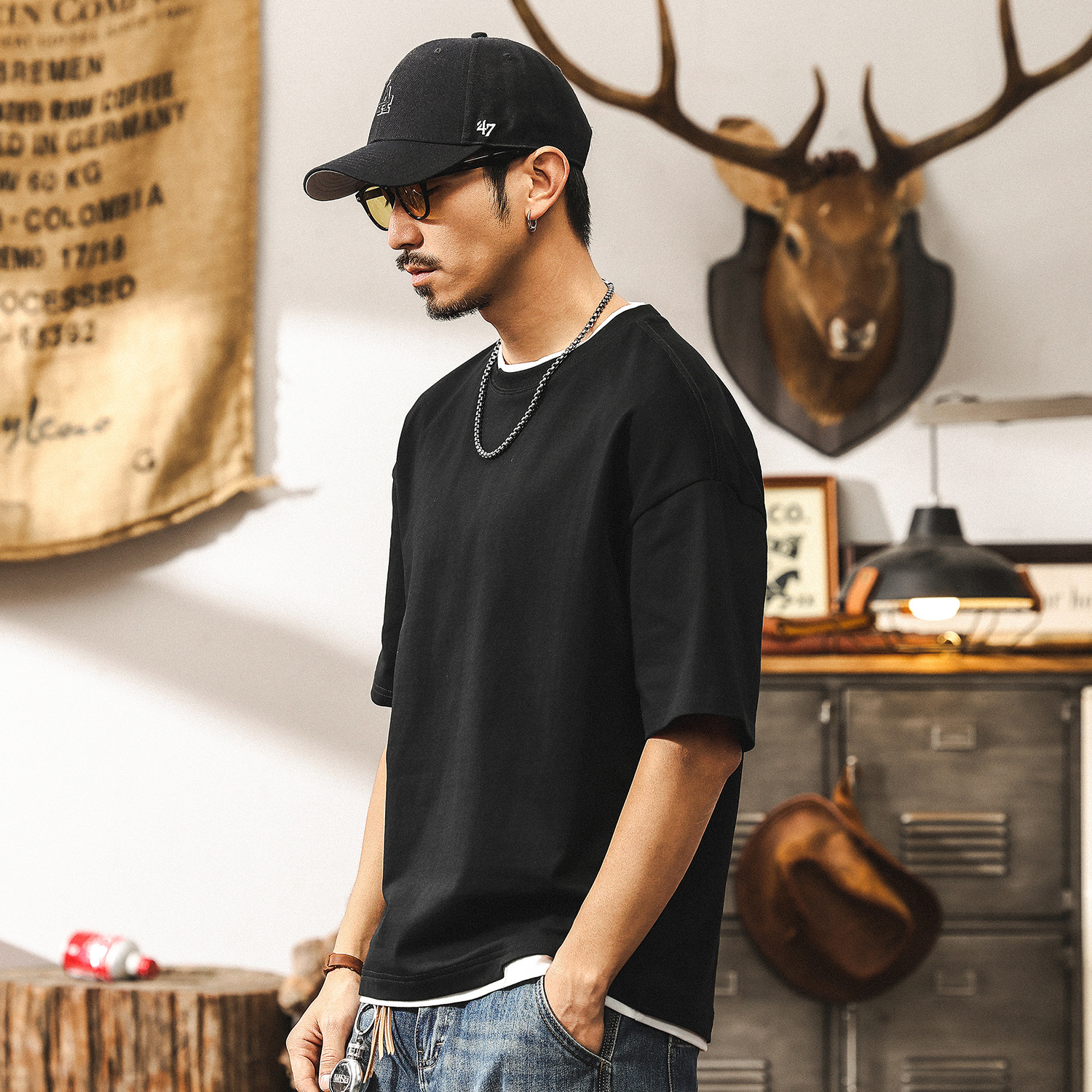 雙紗爽滑棉重磅假兩件T恤男短袖夏季潮牌設計感半截袖美式衣服男