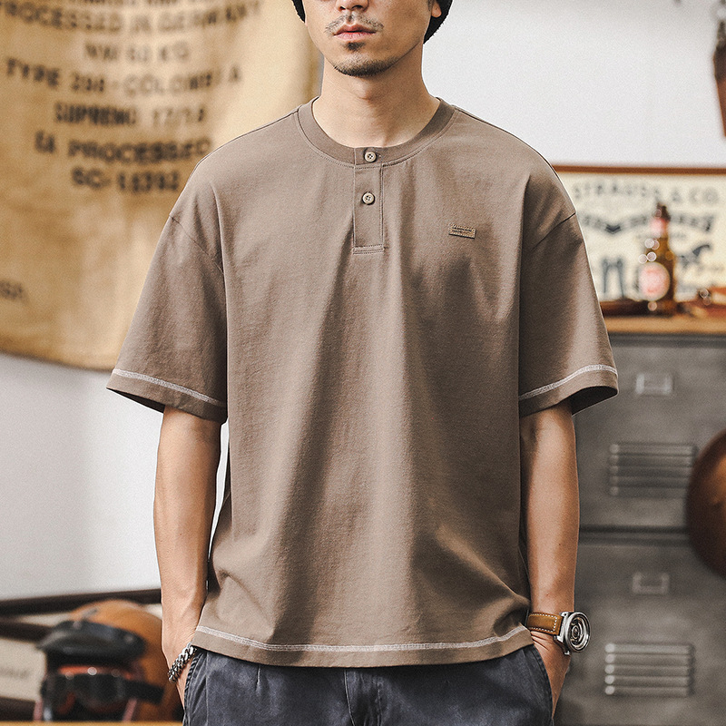 杰雷諾美式復古亨利領短袖T恤男夏季潮牌卡其色休閒男士上衣