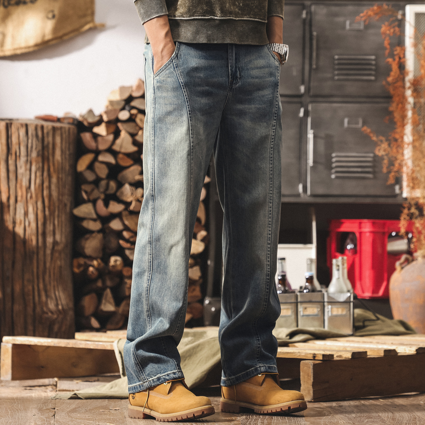 美式復古牛仔褲男直筒2025新款潮牌拼接寬鬆春秋水洗男士休閒長褲