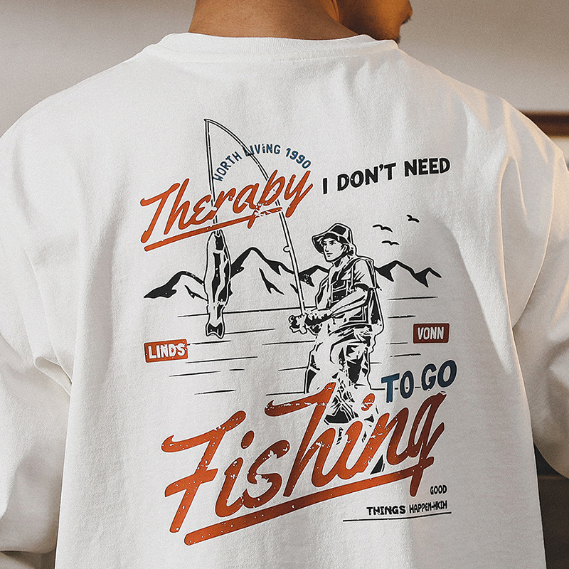 美式長袖T恤男春季2024新款山系印花體恤男260g重磅男士上衣